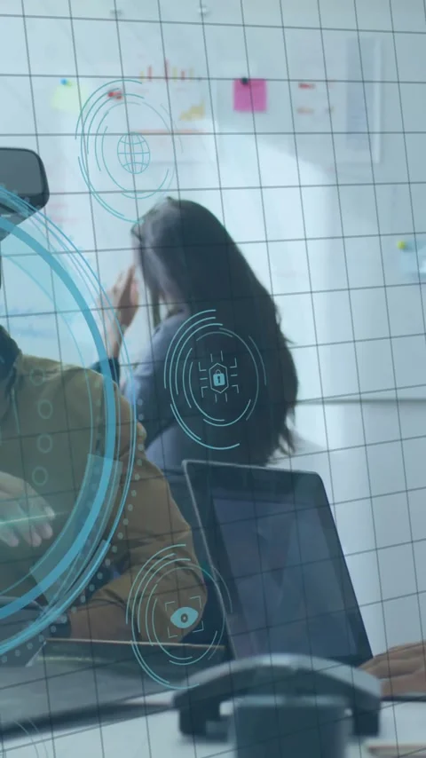 Using virtual reality, people collaborating in office with digital data Stock Footage 344370319