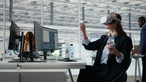 Using VR glasses equipment, PCB layout analysis and woman in RD office Stock Footage 335880304