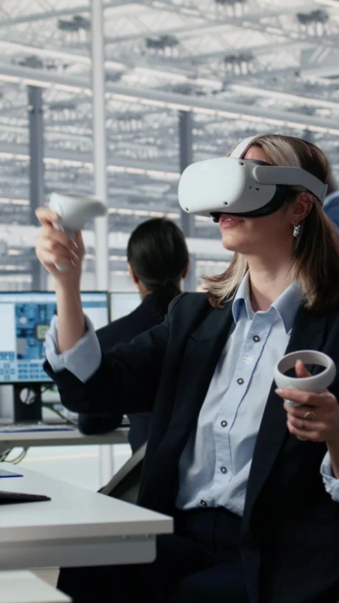 Using VR glasses equipment, PCB layout analysis and woman in RD office Stock Footage 335883669