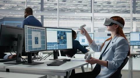 Using VR glasses, microchip circuit layout and female engineer in RD office Stock Footage 335880135