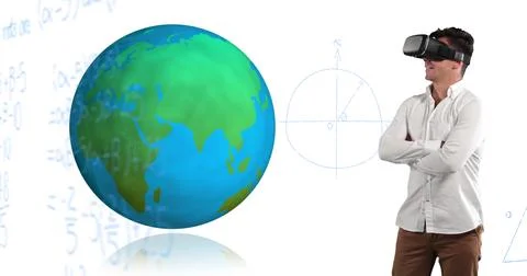 Using VR headset, man explores virtual globe with mathematical equations behind Stock Illustration