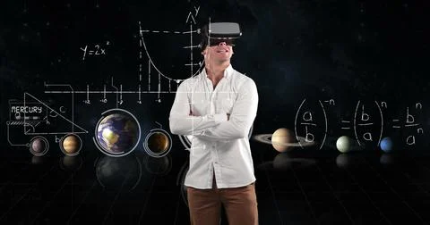 Using VR headset, man exploring virtual solar system and mathematical graphs Stock Illustration
