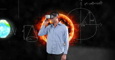 Using VR headset, man exploring virtual solar system with mathematical equations Stock Illustration
