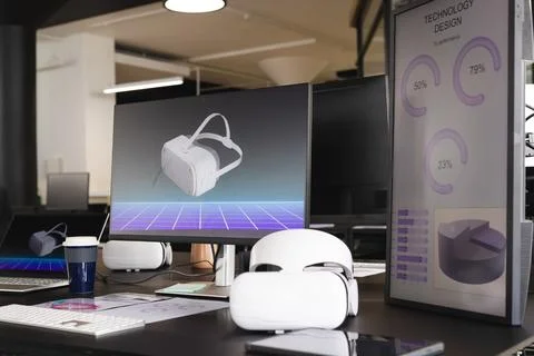 Using VR headsets, office workers developing technology design on computer Stock Photos
