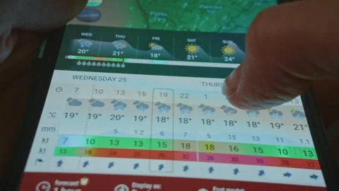 Using weather app on smartphone to check the temperature, wind and clouds Video stock 288969986