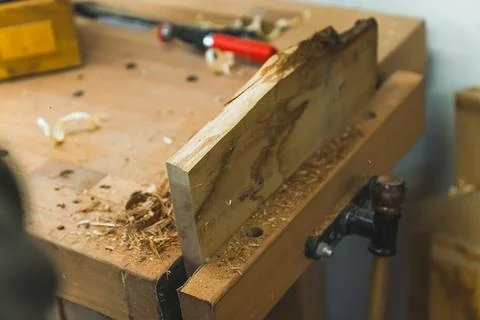 Using workbench vise for carpentry Stock Photos