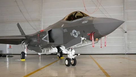 USMC F-35B Lightning II on Display While being Guarded at the Thinker Air Show Stock Footage 109327236