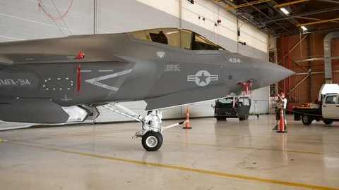 USMC F-35B Lightning II on Display While being Guarded at the Thinker Air Show Stock Footage 109327255