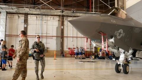 USMC F-35B Lightning II on Display While being Guarded at the Thinker Air Show Stock Footage 109327513