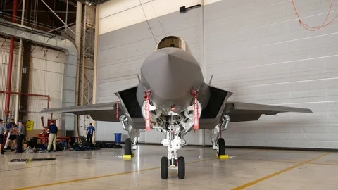USMC F-35B Lightning II on Display While being Guarded at the Thinker Air Show Stock Footage 109328001