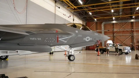 USMC F-35B Lightning II on Display While being Guarded at the Thinker Air Show Stock Footage 109328299