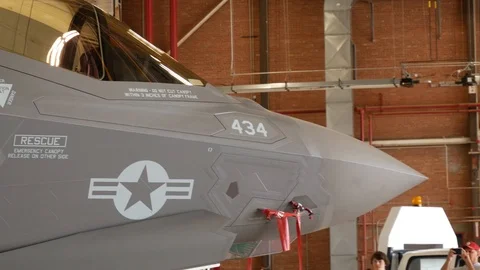 USMC F-35B Lightning II on Display While being Guarded at the Thinker Air Show Stock Footage 109328326