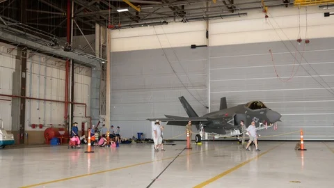 USMC F-35B Lightning II on Display While being Guarded at the Thinker Air Show Stock Footage 109328470