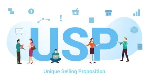 Usp unique selling proposition concept with big word or text and team people  Stock Illustration