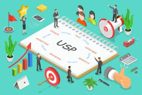 USP - unique selling proposition isometric flat vector. Illustrazione stock