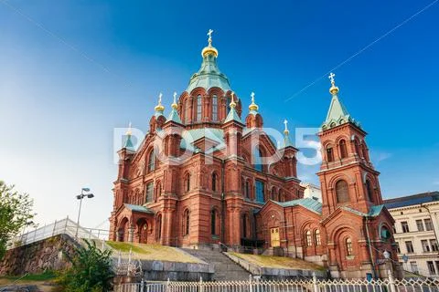 Uspenski Cathedral, Helsinki On Hill At Sunny Day. Red Church In Stock Photos