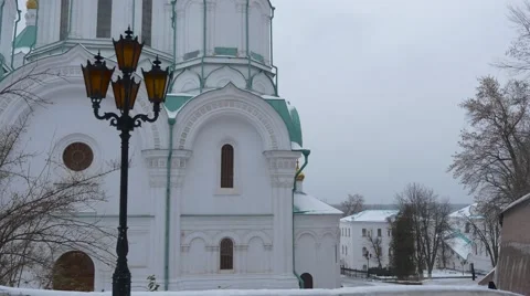 Uspensky Holy Orthodox Cathedral With Golden Onion Looking Domes, Grand White Stock Footage 59010461