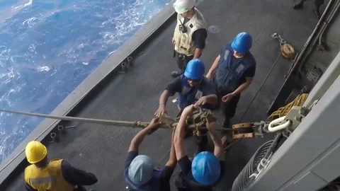 USS Bataan performs a connected replenishment at sea with USNS Laramie - 2017 Stock Footage 87706714