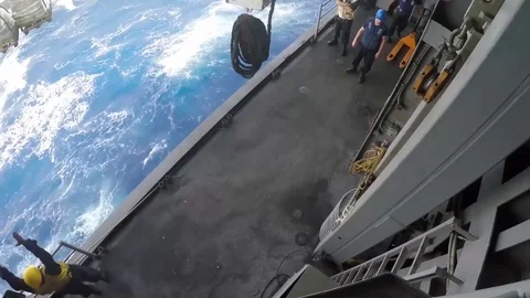 USS Bataan performs a connected replenishment at sea with USNS Laramie - 2017 Stock Footage 87706768