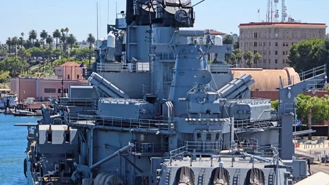 USS Iowa battleship superstructure featuring signal flags, radar equipment, and Vídeo Stock 331324685
