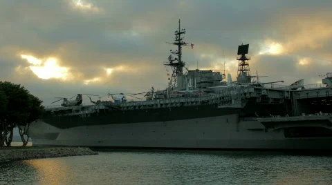 USS Midway Sunset Timelapse in San Diego California HD Stock Footage 796699