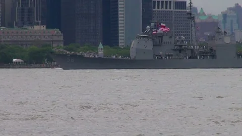  USS San Jacinto (CG 56) Entering NY Harbor During Fleet Week's Parade of Ships Stock Footage 76922816