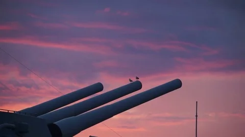 USS Wisconsin with birds watching a sunset Stock Footage