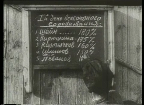 USSR 1940s: Soviet Worker Writing Competition Results on Blackboard Stock Footage 334880761