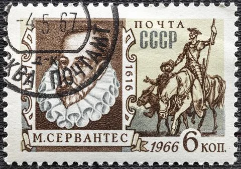 USSR - CIRCA 1966: A stamp printed in USSR shows portrait of Miguel de Cervan Stock Photos