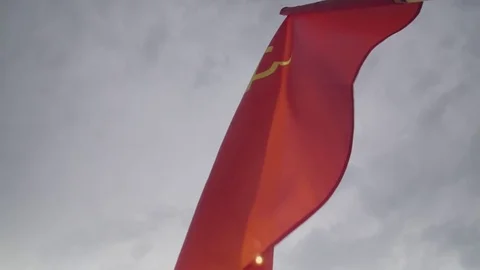 The USSR flag waving in slow motion against Helicopter Stock Footage 71246924
