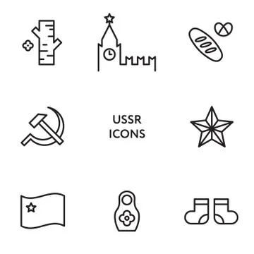 USSR flat line icon set. Soviet union signs Stock Illustration