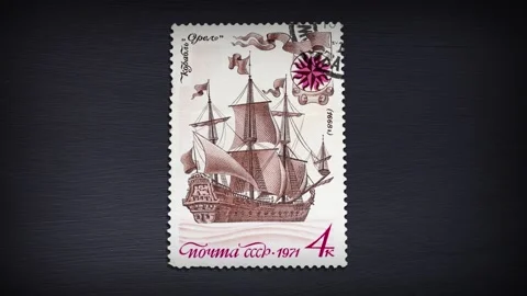 USSR post stamp shows old russian sailing warship "Orel", circa 1971 Stock Footage 134927933