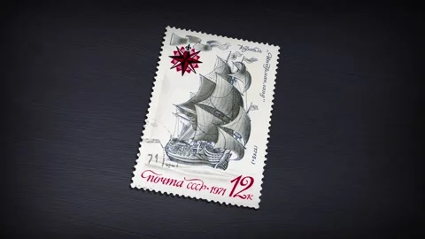 USSR post stamp shows old russian sailing warship, circa 1971 Stock Footage 134927984
