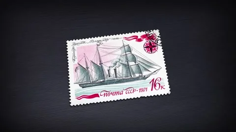 USSR post stamp shows old russian sailing warship "Vladimir", circa 1971 Stock Footage 134928003