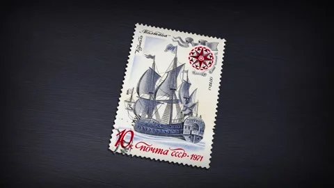 USSR post stamp shows old russian sailing warship "Poltava", circa 1971 Stock Footage 134928004