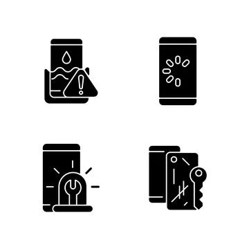 Usual mobile phone problems black glyph icons set on white space Stock Illustration