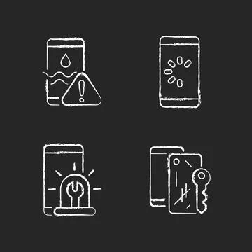 Usual mobile phone problems chalk white icons set on dark background Illustrazione stock