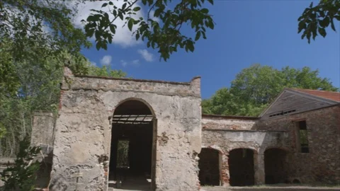 USVI St John Pan of Reef Bay Sugar Mill with Swaying Tree Branches Stock-Footage 123667266