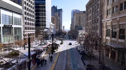 UTA Trax train pulls in City Center Station on Main Street-Salt Lake City Stock Footage 144571517