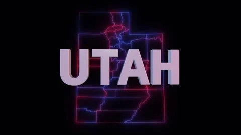 Utah 3d name over red blue county map seamless loop Vidéo 343867113