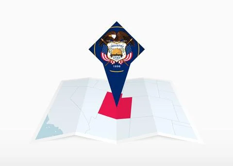 Utah is depicted on a folded paper map and pinned location marker with flag.. Stock Illustration
