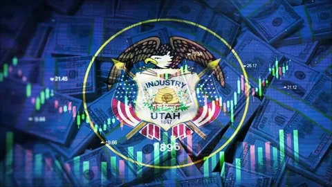 Utah Flag on Economic Background With Decrease Bar Chart Graph And Arrow Stock Footage 320974150