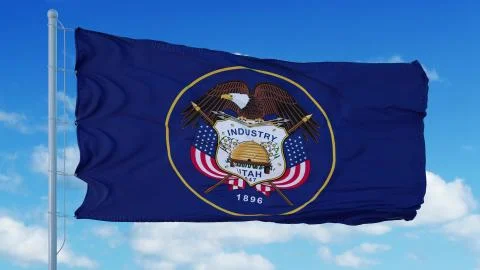 Utah flag on a flagpole waving in the wind, blue sky background. 3d rendering Stock Illustration
