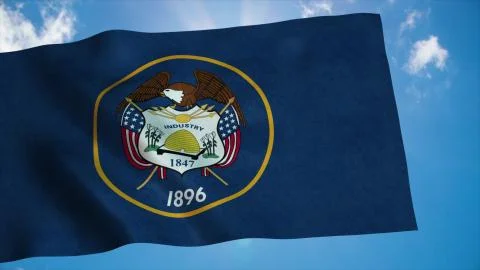 Utah flag on a flagpole waving in the wind, blue sky background. 3d rendering Stock Illustration