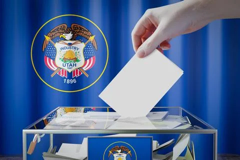 Utah flag, hand dropping ballot card into a box - voting, election concept Illustration