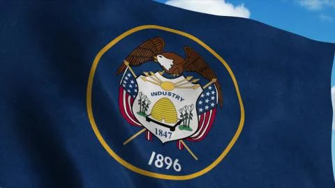 Utah flag waving in the wind, blue sky background. 3d rendering Illustrazione stock
