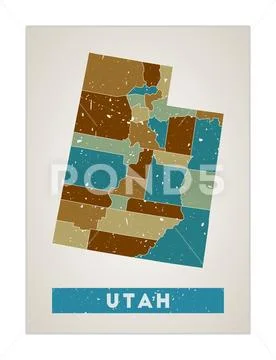 Utah map. Us state poster with regions. Old grunge texture. Shape of ...