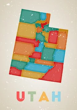 Utah map. Us state poster with colored regions. Old grunge texture. Vector .. Stock Illustration