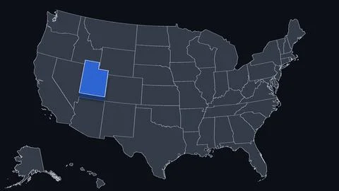 Utah Raised in 3D on US Election Map Red and Blue Highlight, Black Background Stock Illustration