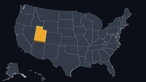 Utah Raised in 3D on US Election Map Teal and Amber Highlight, Black Background Stock Illustration